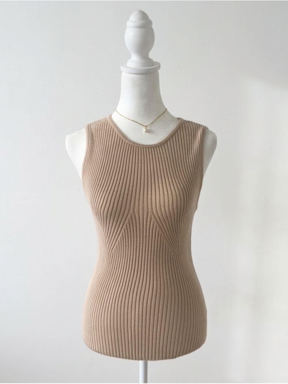 Zesica Sand Camel Ribbed Sleeveless Knit Tank Top Fitted High Neck Stretch Top